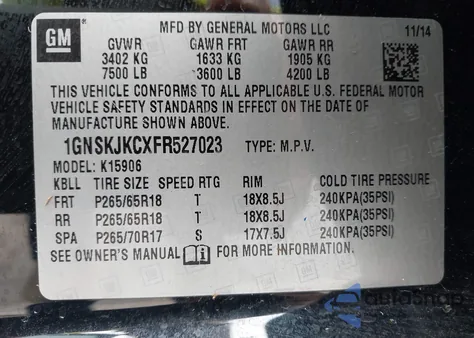 2015 Chevrolet Suburban 1500 Lt from USA, damaged, VIN 1GNSKJKCXFR527023
